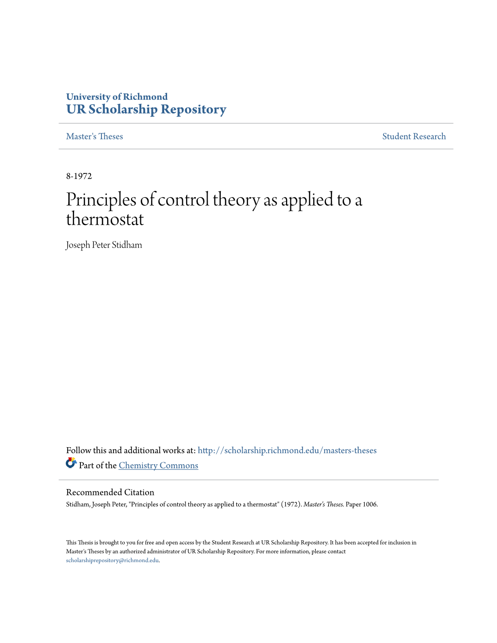 Principles of Control Theory As Applied to a Thermostat Joseph Peter Stidham