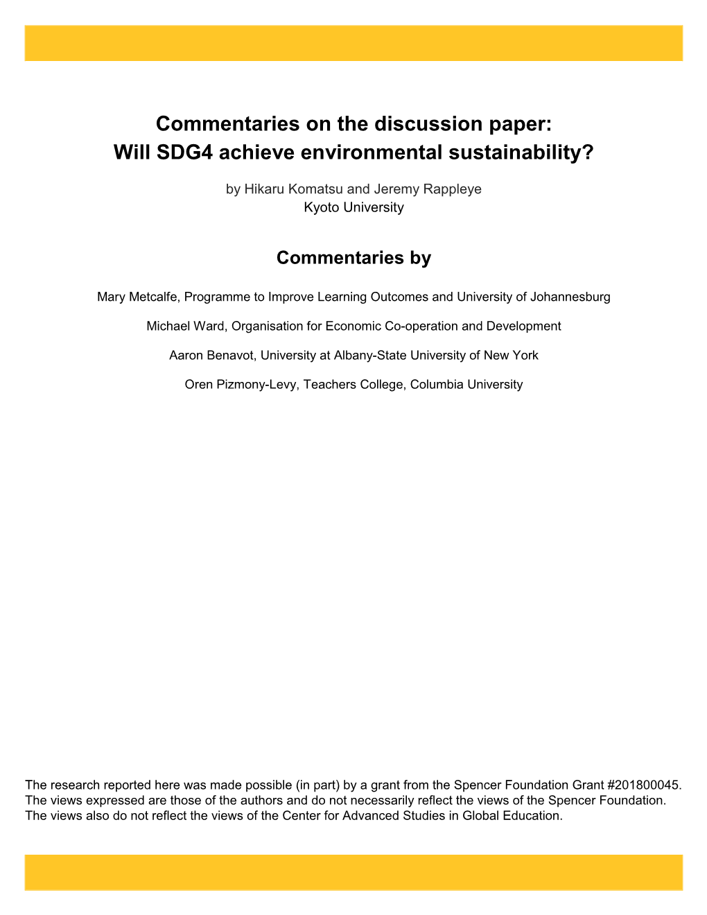 Commentaries on the Discussion Paper: Will SDG4 Achieve Environmental Sustainability?
