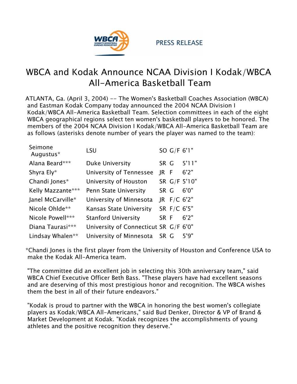 WBCA and Kodak Announce NCAA Division I Kodak/WBCA All-America Basketball Team