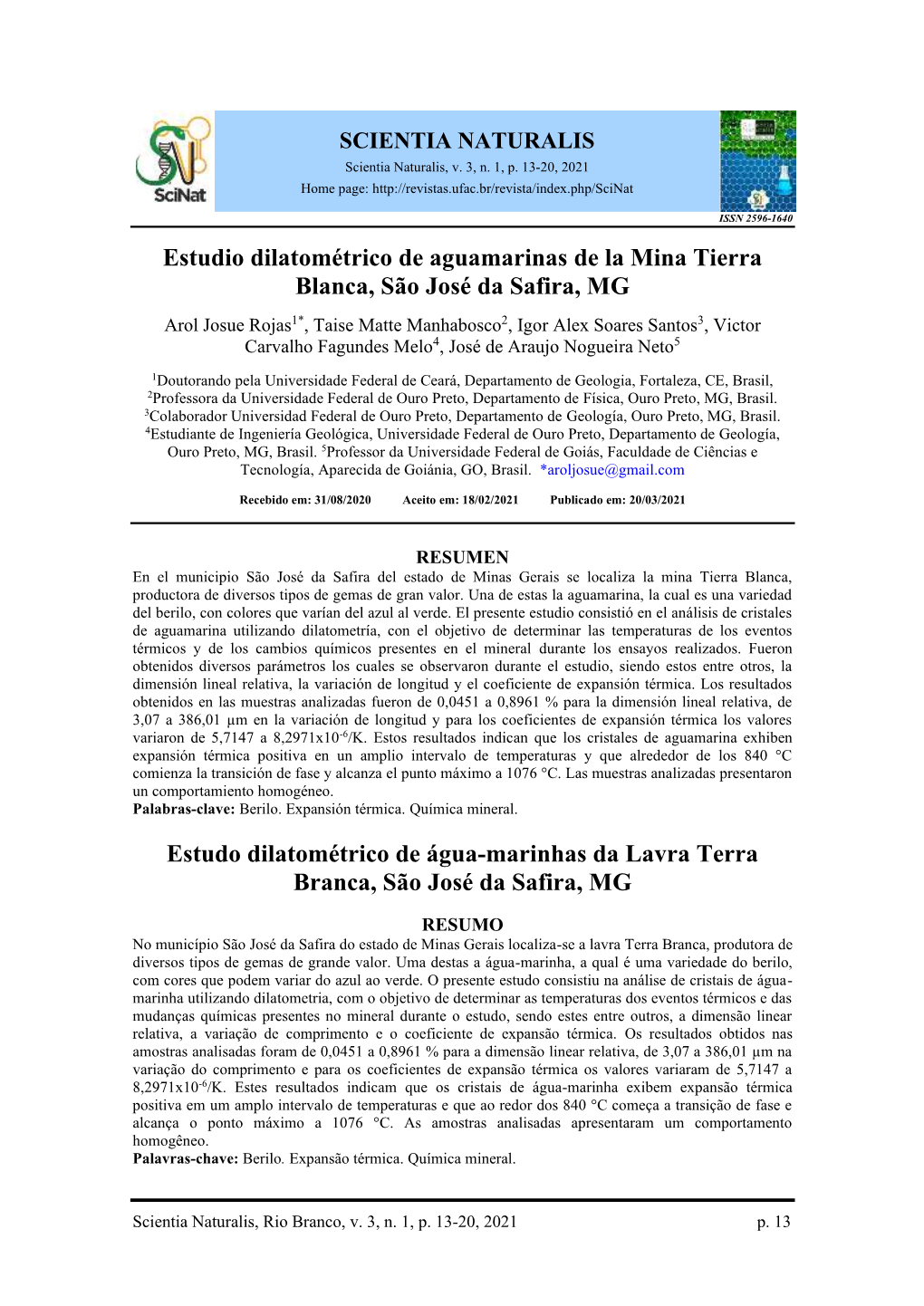 Estudio Dilatométrico De Aguamarinas De La Mina Tierra Blanca, São José Da Safira, MG