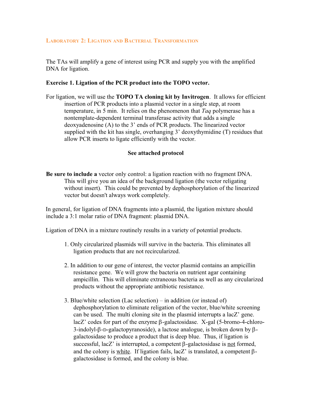 Laboratory 2: Ligation of Dna Fragments