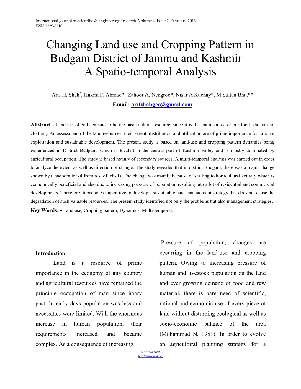 Changing Land Use and Cropping Pattern in Budgam District of Jammu and Kashmir –