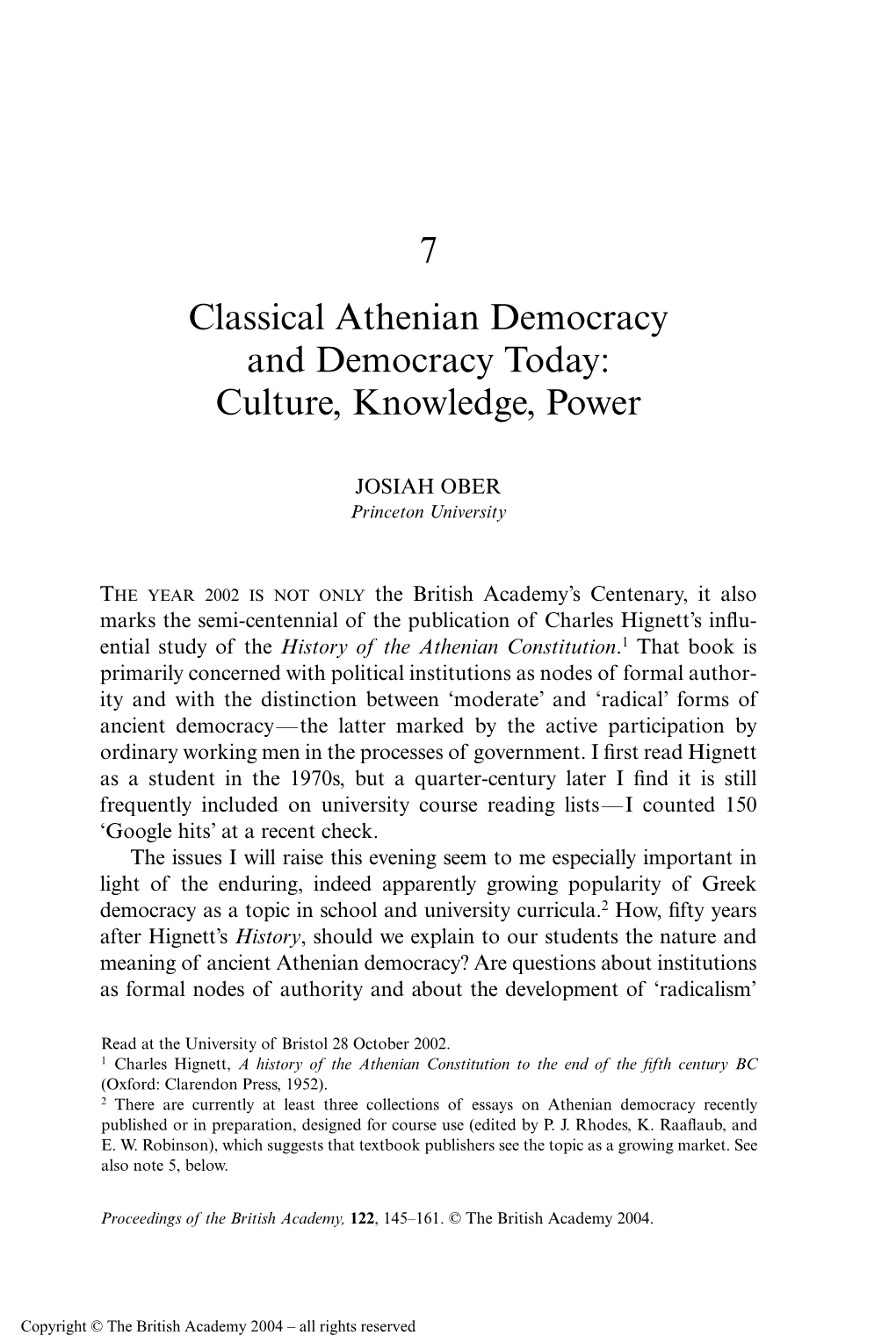 7 Classical Athenian Democracy and Democracy Today: Culture, Knowledge, Power