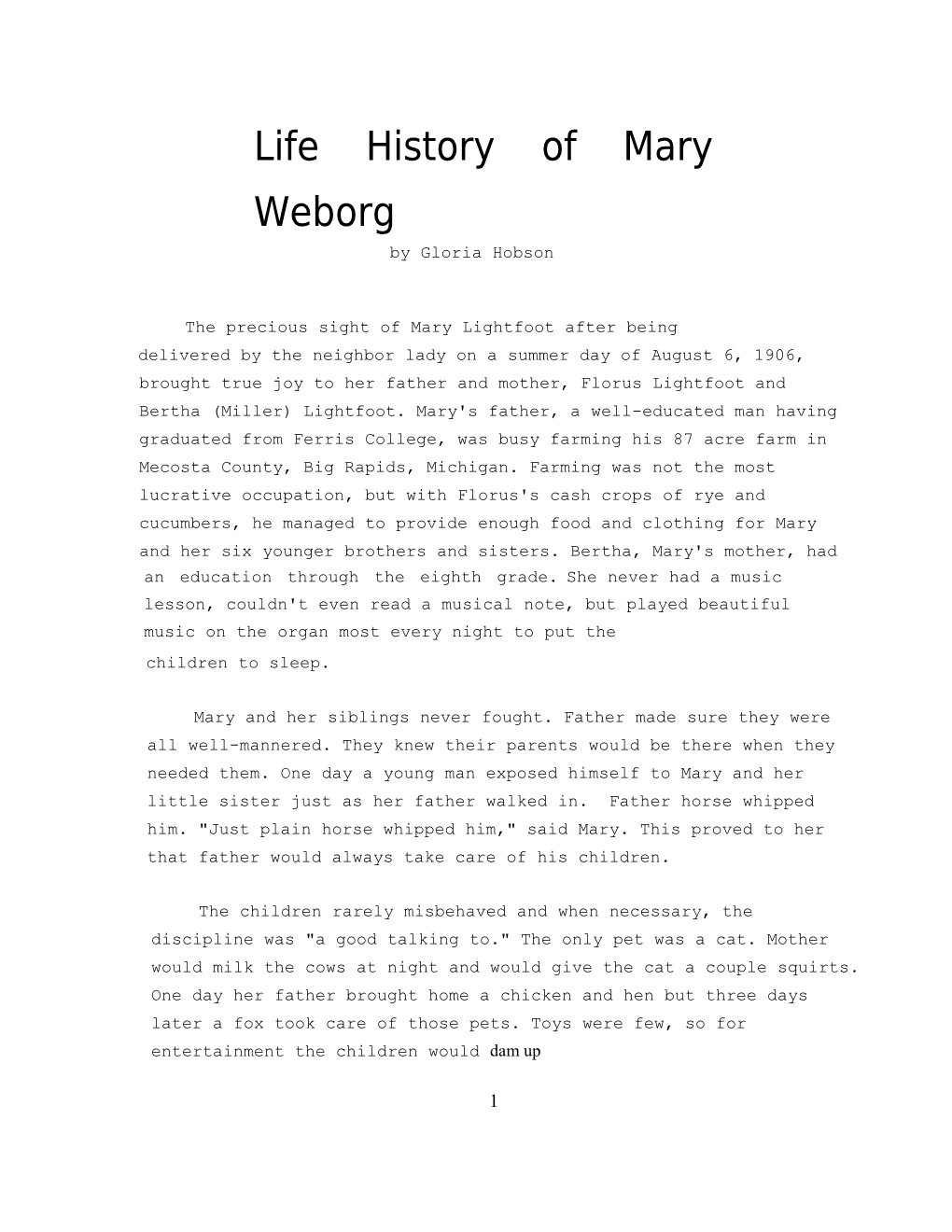 Life History of Mary Weborg