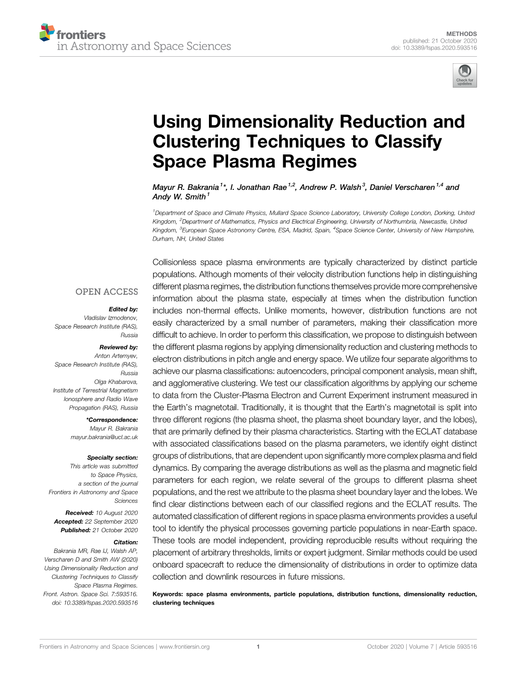Using Dimensionality Reduction and Clustering Techniques to Classify Space Plasma Regimes