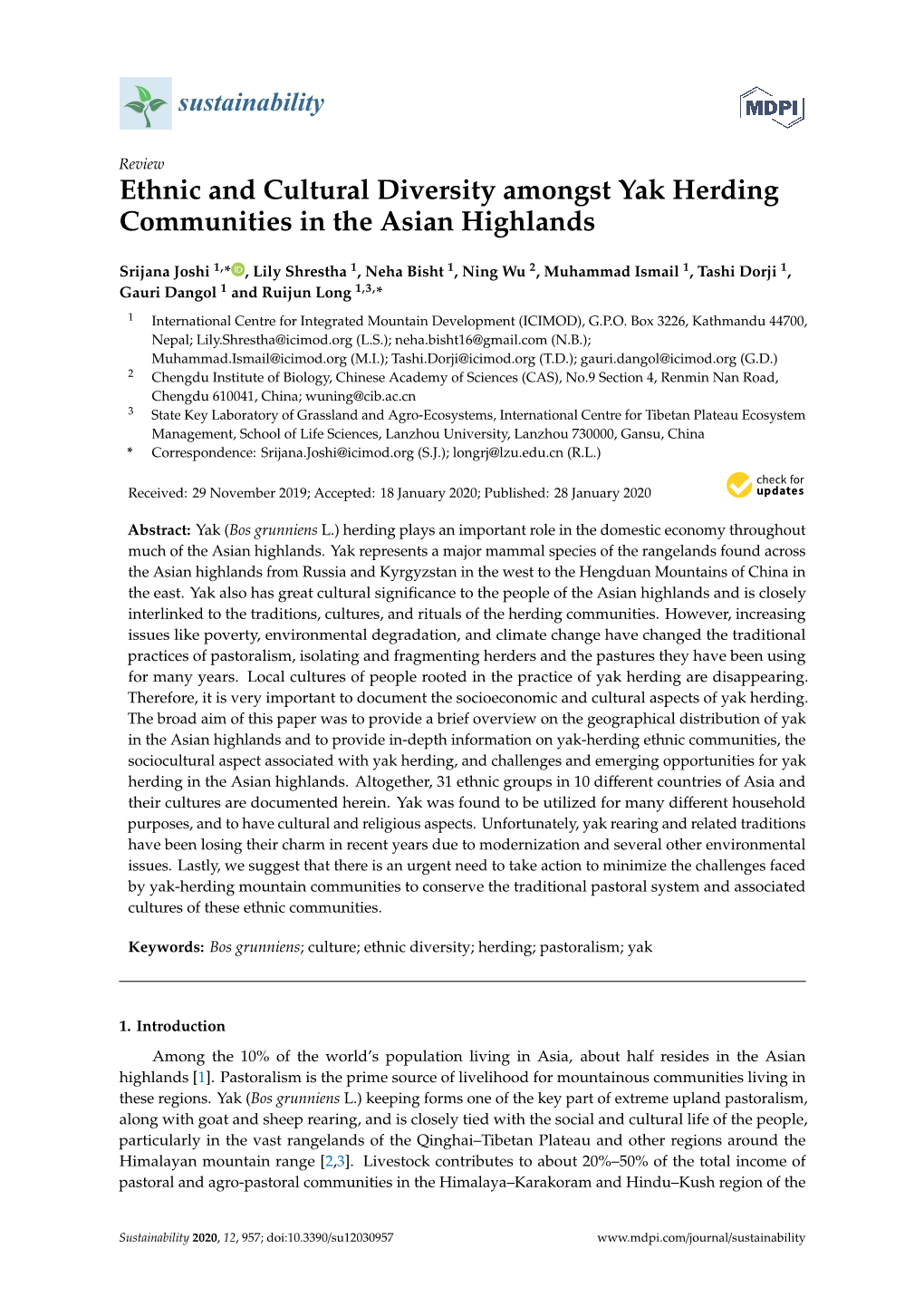 Ethnic and Cultural Diversity Amongst Yak Herding Communities in the Asian Highlands