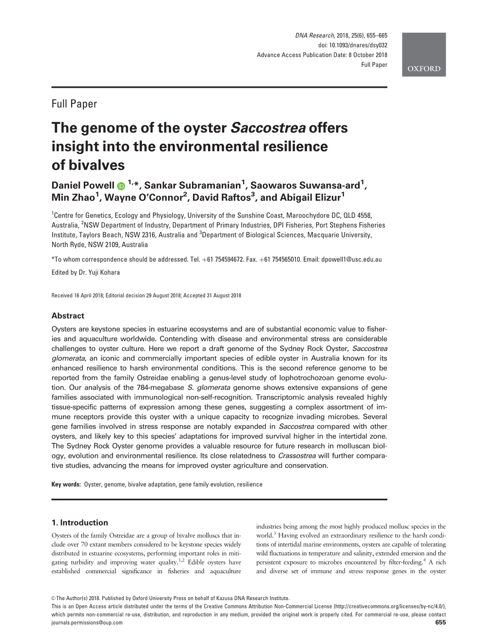 The Genome of the Oyster Saccostrea Offers Insight