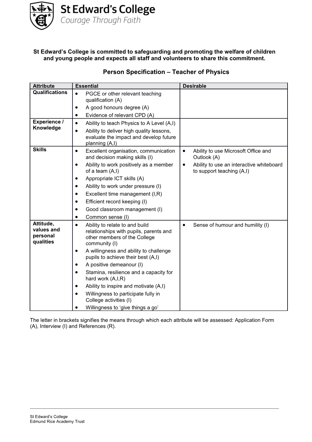 Person Specification Teacher of Physics