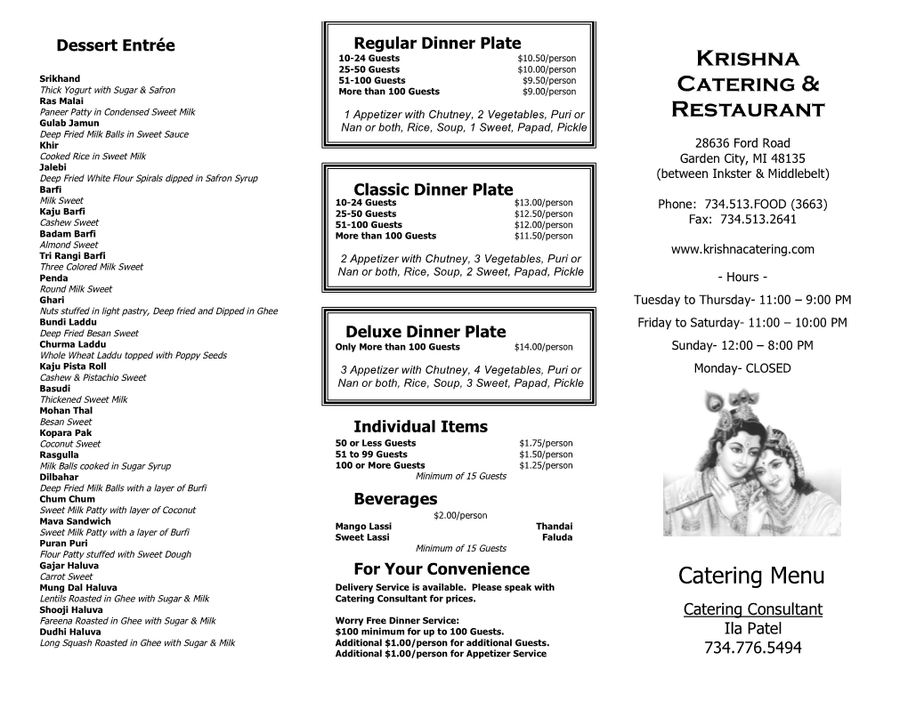 Krishna Catering & Restaurant Catering Menu