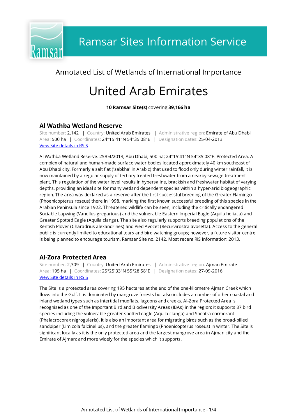 Annotated List of Wetlands of International Importance United Arab Emirates