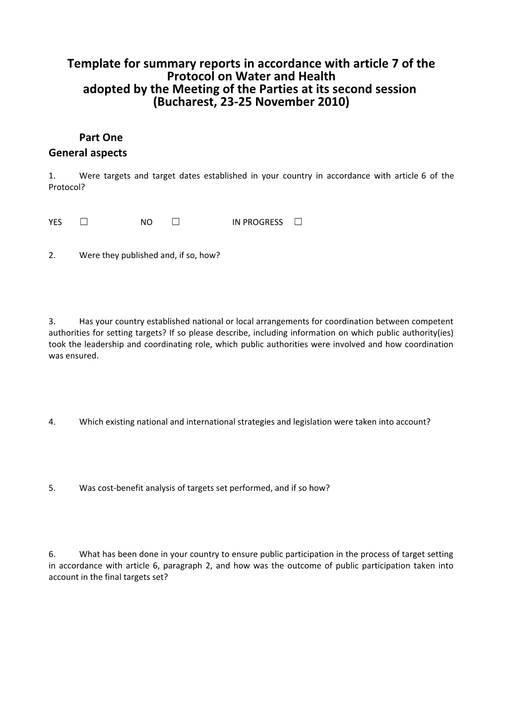 Template for Summary Reports in Accordance with Article 7 of the Protocol on Water and Health