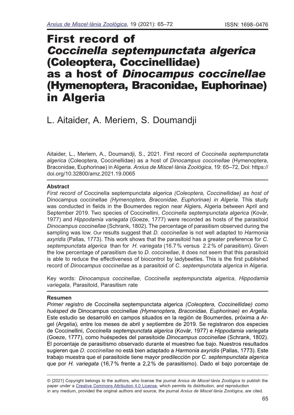 Dinocampus Coccinellae (Hymenoptera, Braconidae, Euphorinae) in Algeria