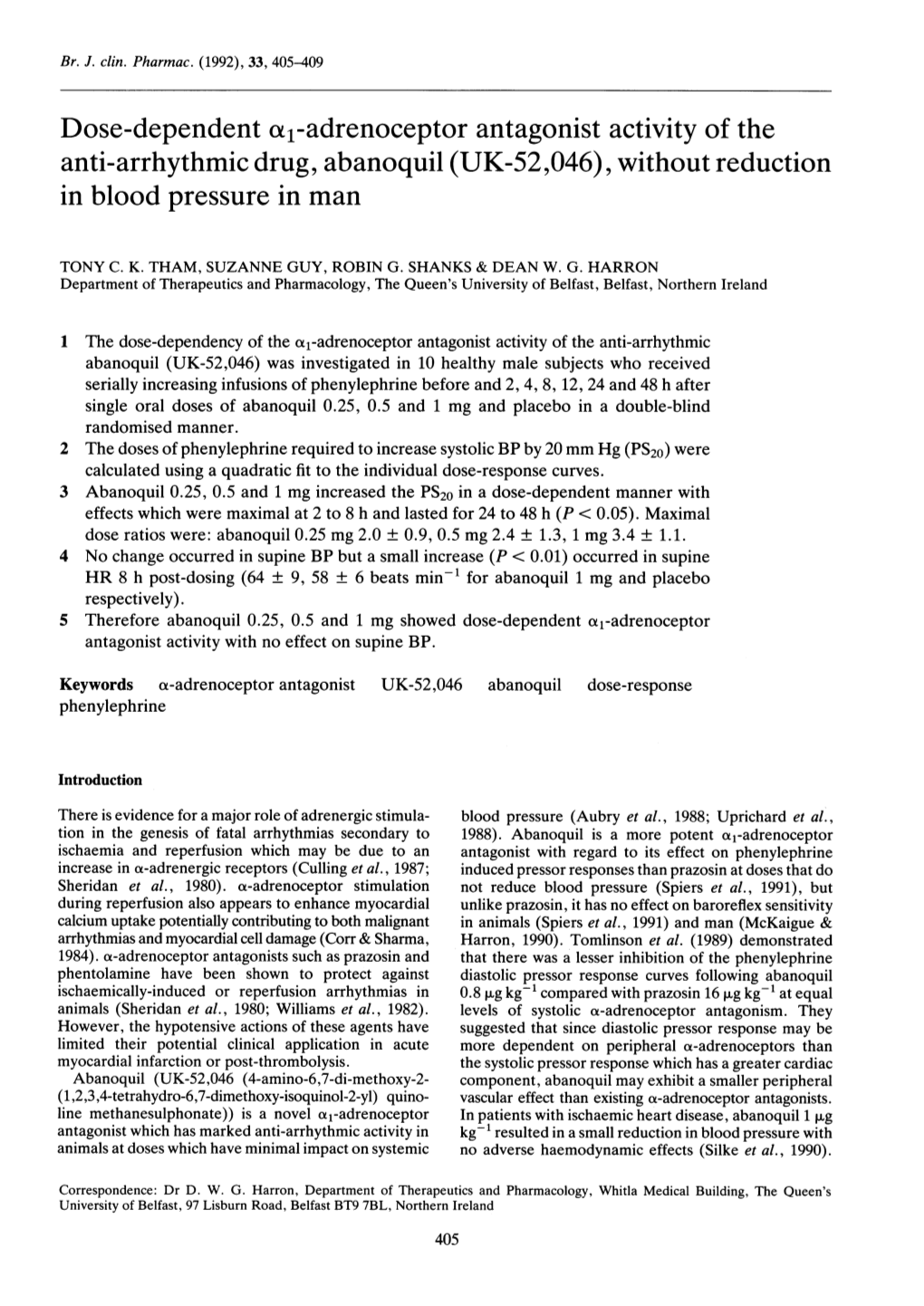 Dose-Dependent Cx1-Adrenoceptor Antagonist Activity of the Anti-Arrhythmic Drug, Abanoquil (UK-52,046), Without Reduction in Blood Pressure in Man