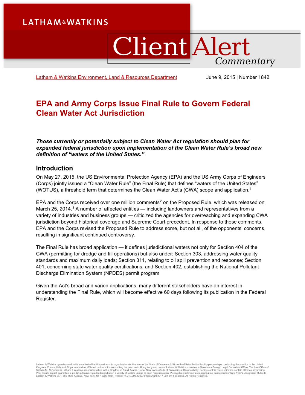 EPA and Army Corps Issue Final Rule to Govern Federal Clean Water Act Jurisdiction