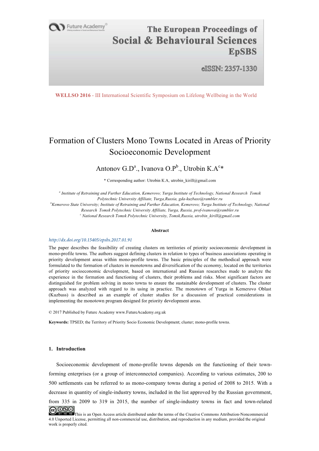 Formation of Clusters Mono Towns Located in Areas of Priority Socioeconomic Development