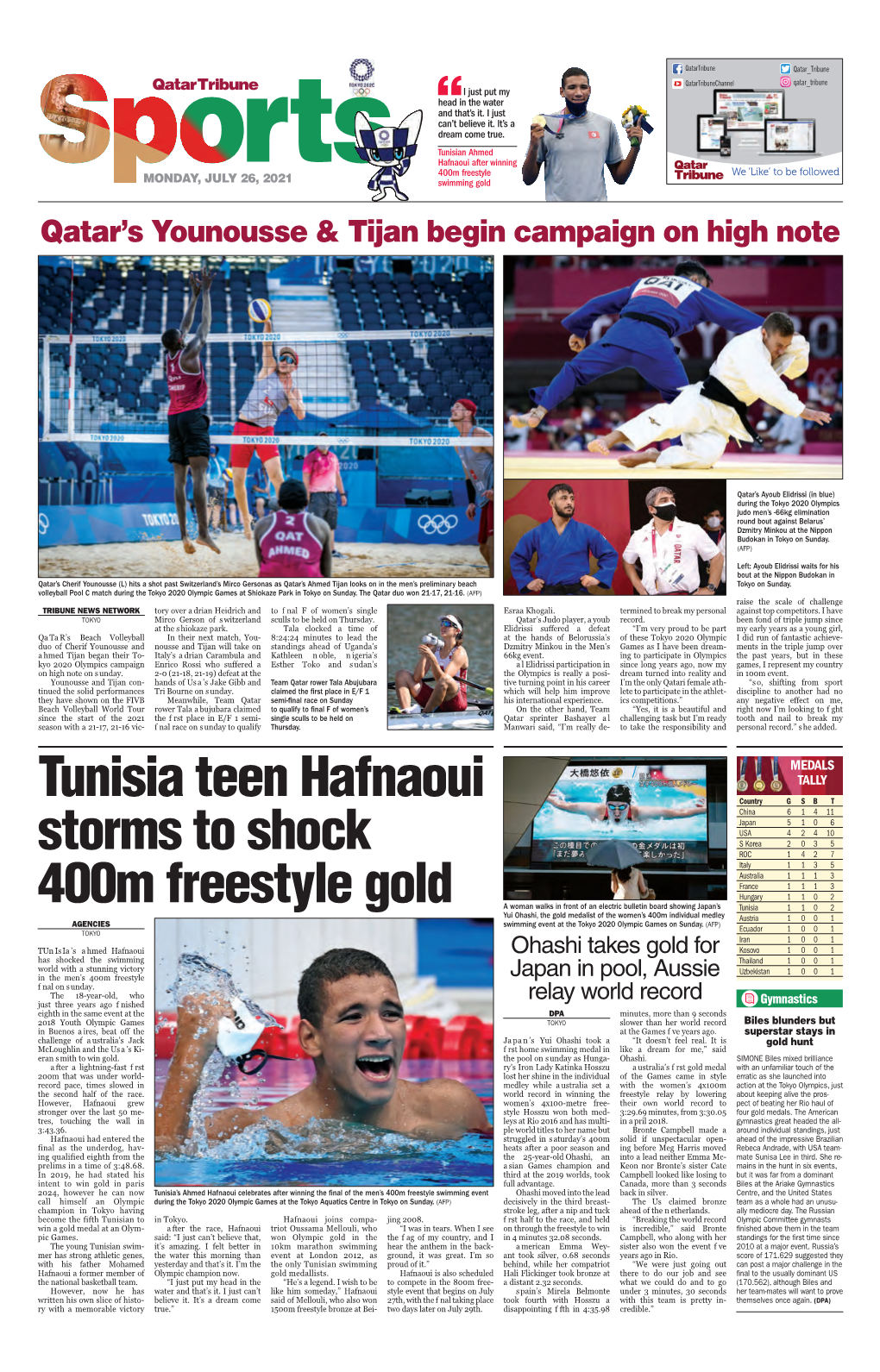 Tunisia Teen Hafnaoui Storms to Shock 400M Freestyle Gold