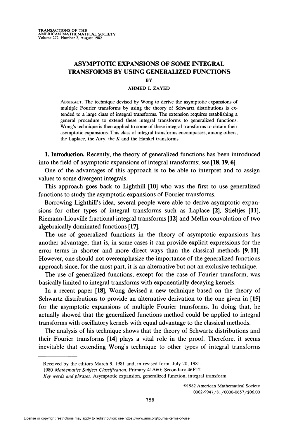 Asymptotic Expansions of Some Integral Transforms by Using Generalized Functions by Ahmed I, Zayed