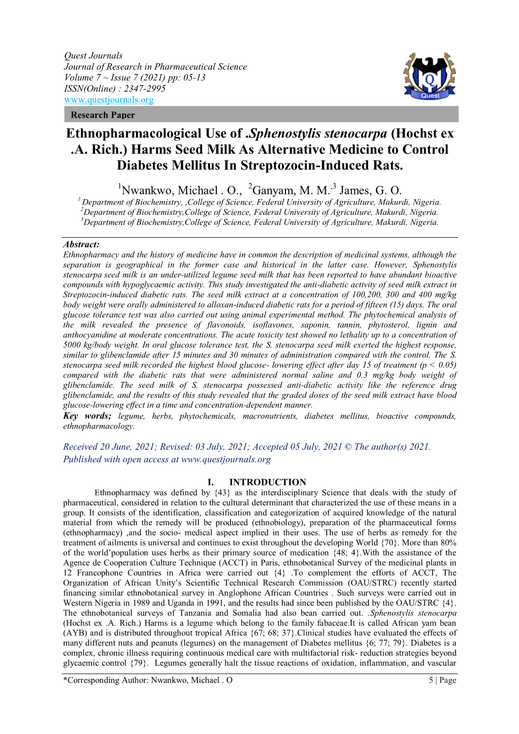 Ethnopharmacological Use of .Sphenostylis Stenocarpa (Hochst Ex .A