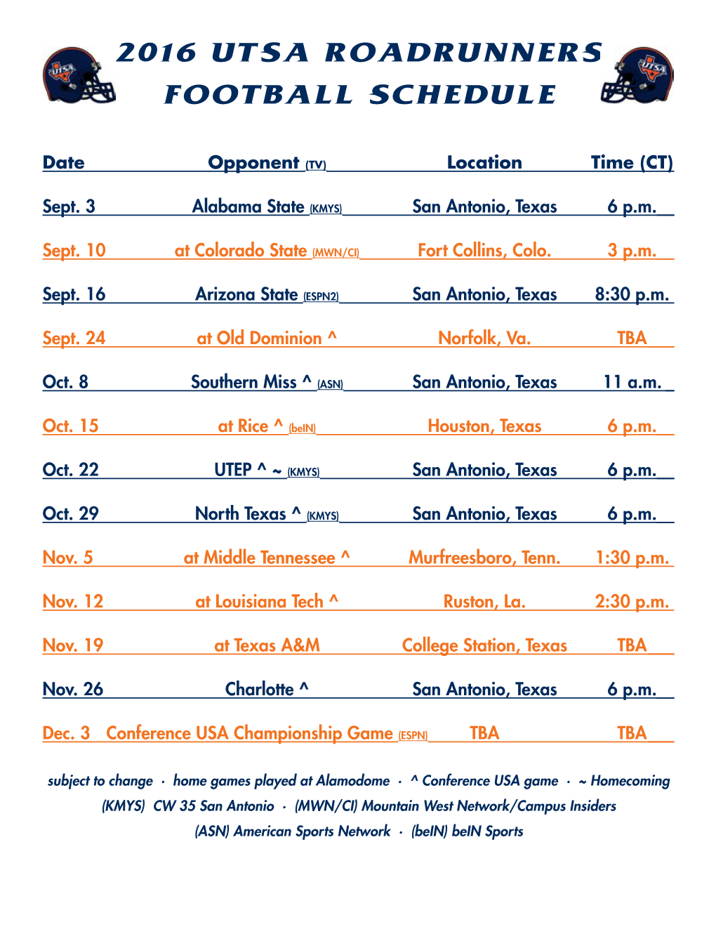 2016 Utsa Roadrunners Football Schedule