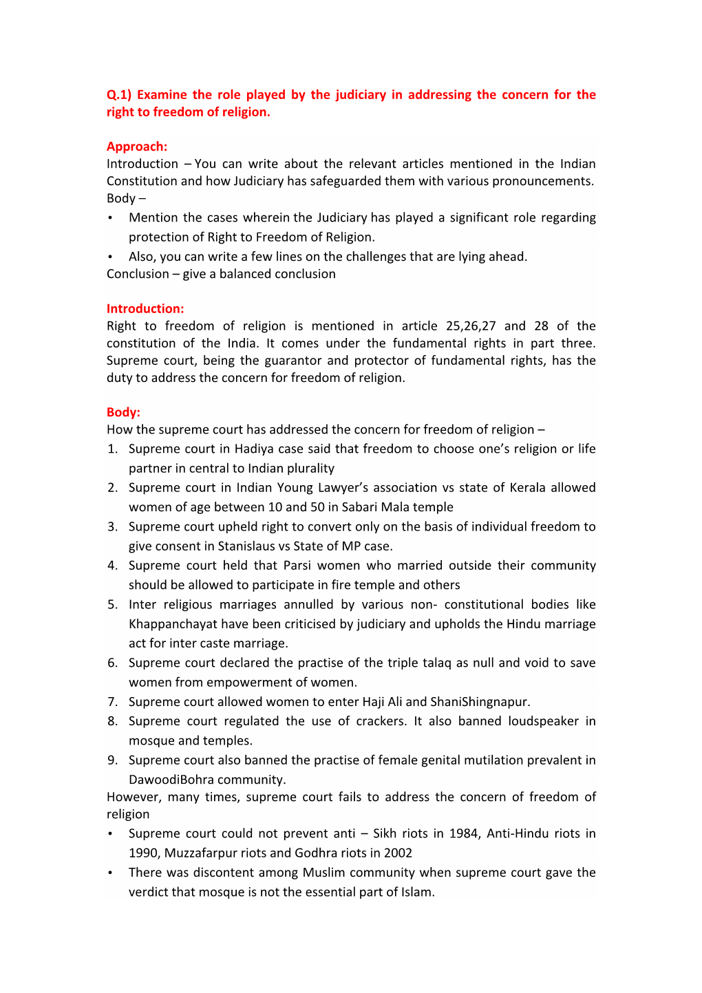 Q.1) Examine the Role Played by the Judiciary in Addressing the Concern for the Right to Freedom of Religion