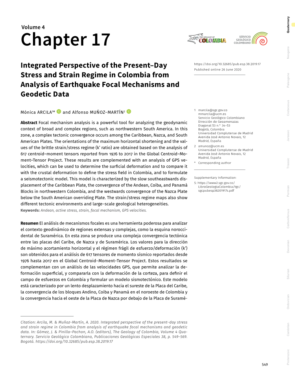 Integrated Perspective of the Present–Day Stress and Strain Regime in Colombia from Analysis of Earthquake Focal Mechanisms and Geodetic Data