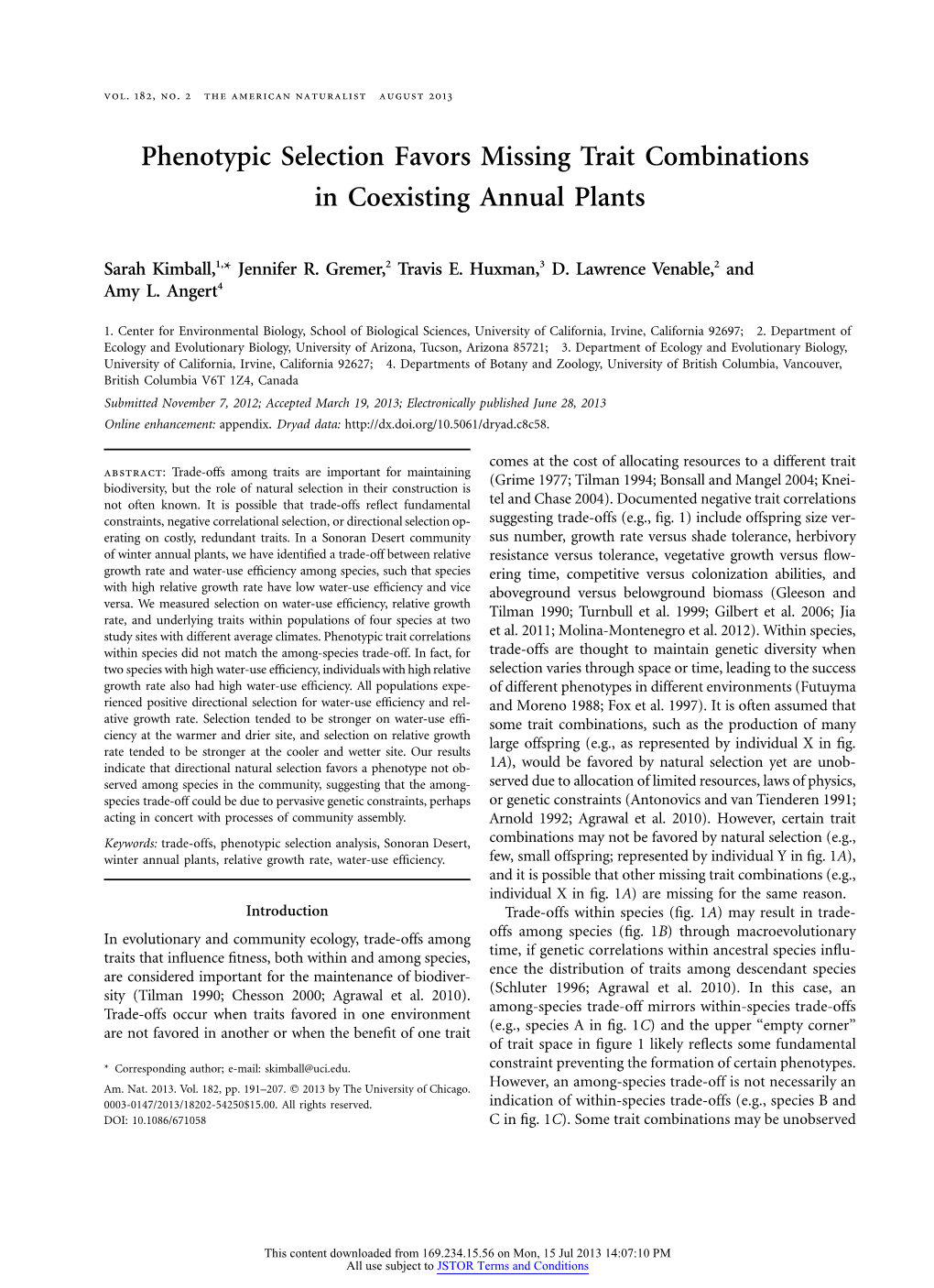 Phenotypic Selection Favors Missing Trait Combinations in Coexisting Annual Plants