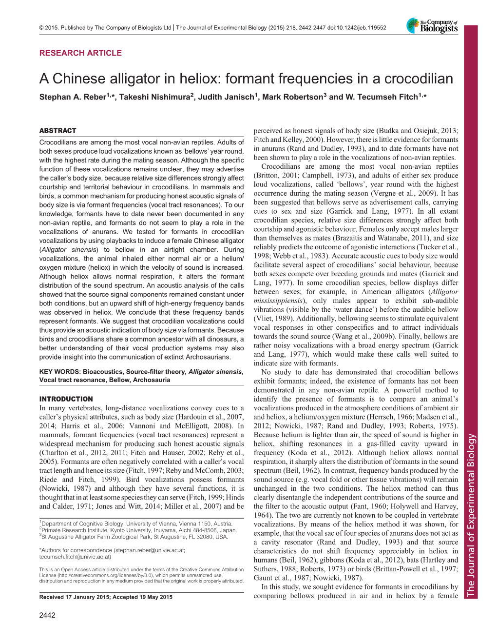 A Chinese Alligator in Heliox: Formant Frequencies in a Crocodilian Stephan A