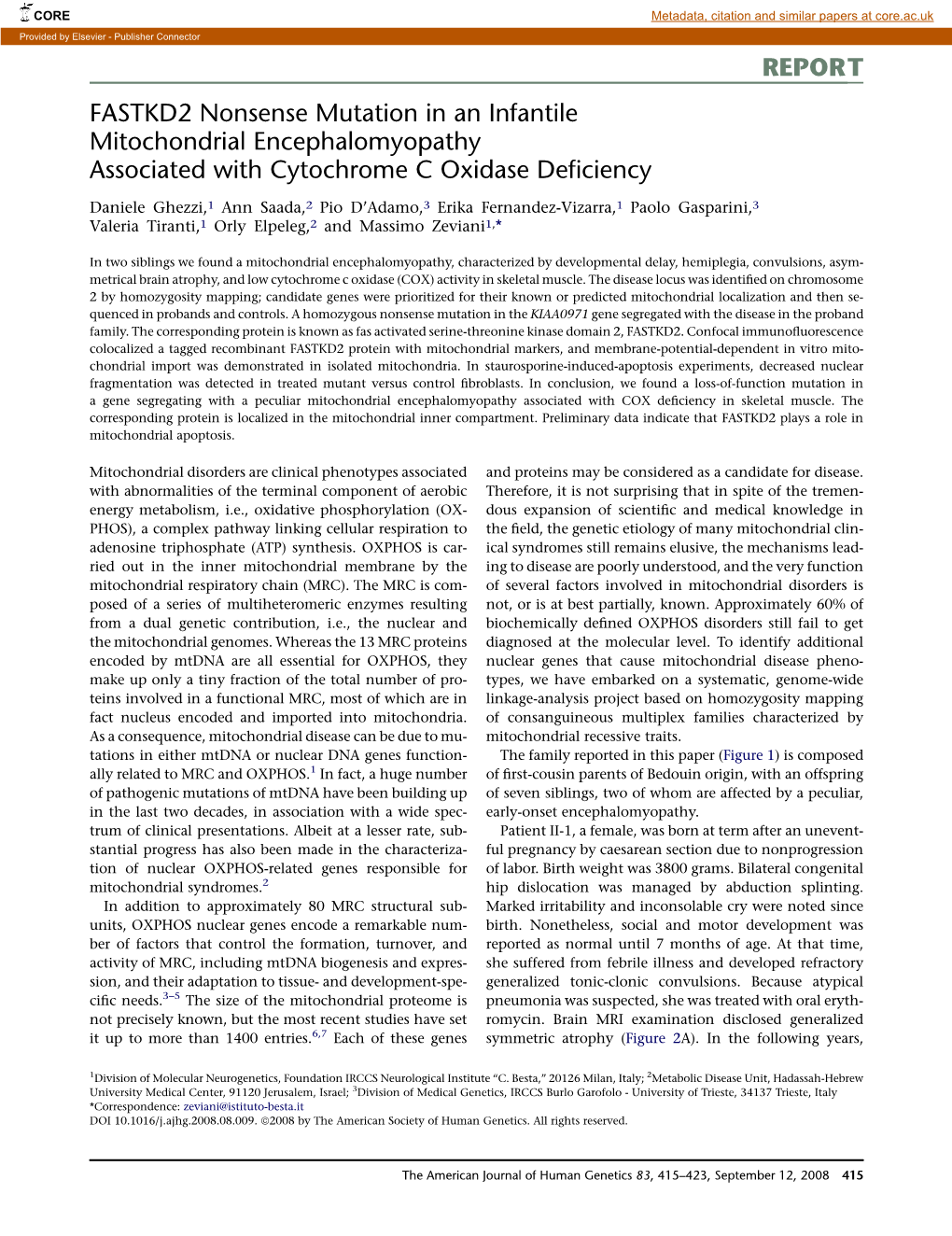 REPORT FASTKD2 Nonsense Mutation in an Infantile Mitochondrial Encephalomyopathy Associated with Cytochrome C Oxidase Deﬁciency