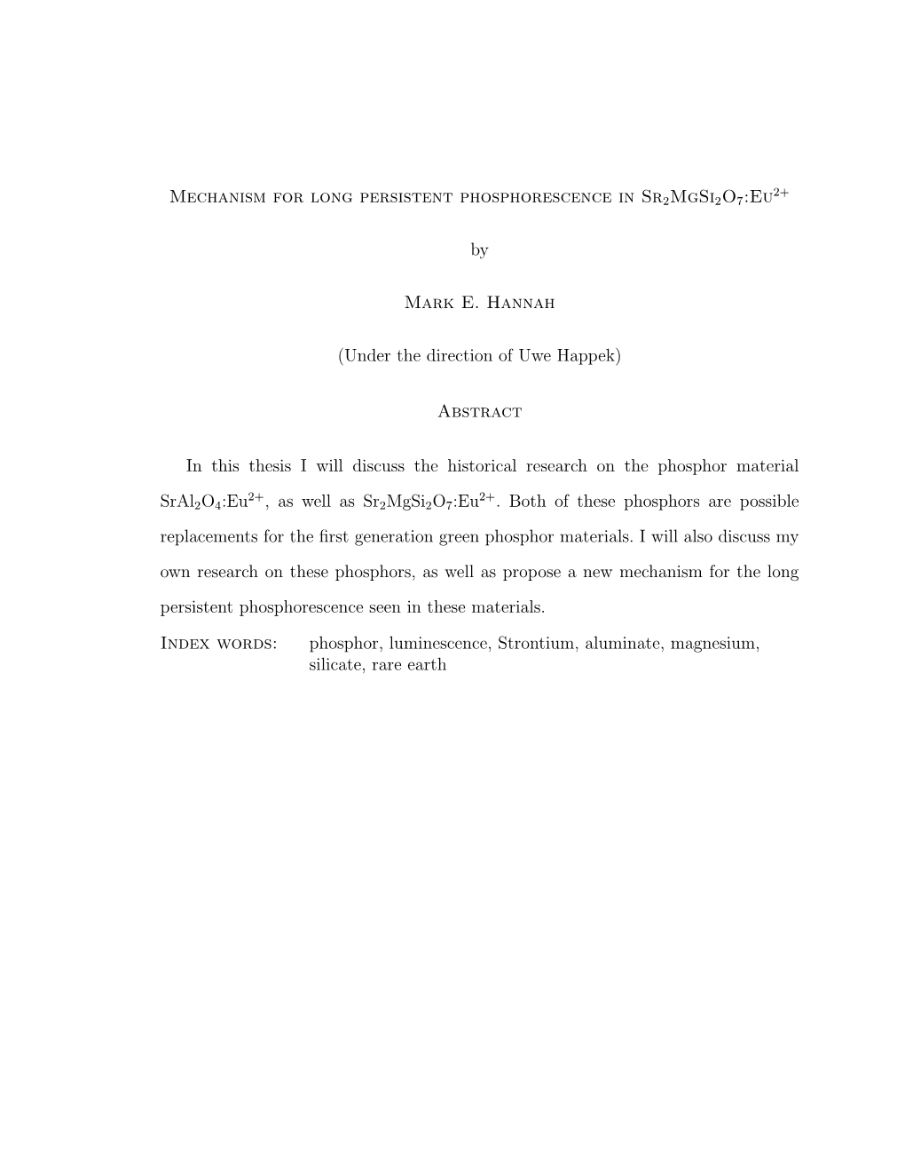 Mechanism for Long Persistent Phosphorescence in Sr2mgsi2o7:Eu