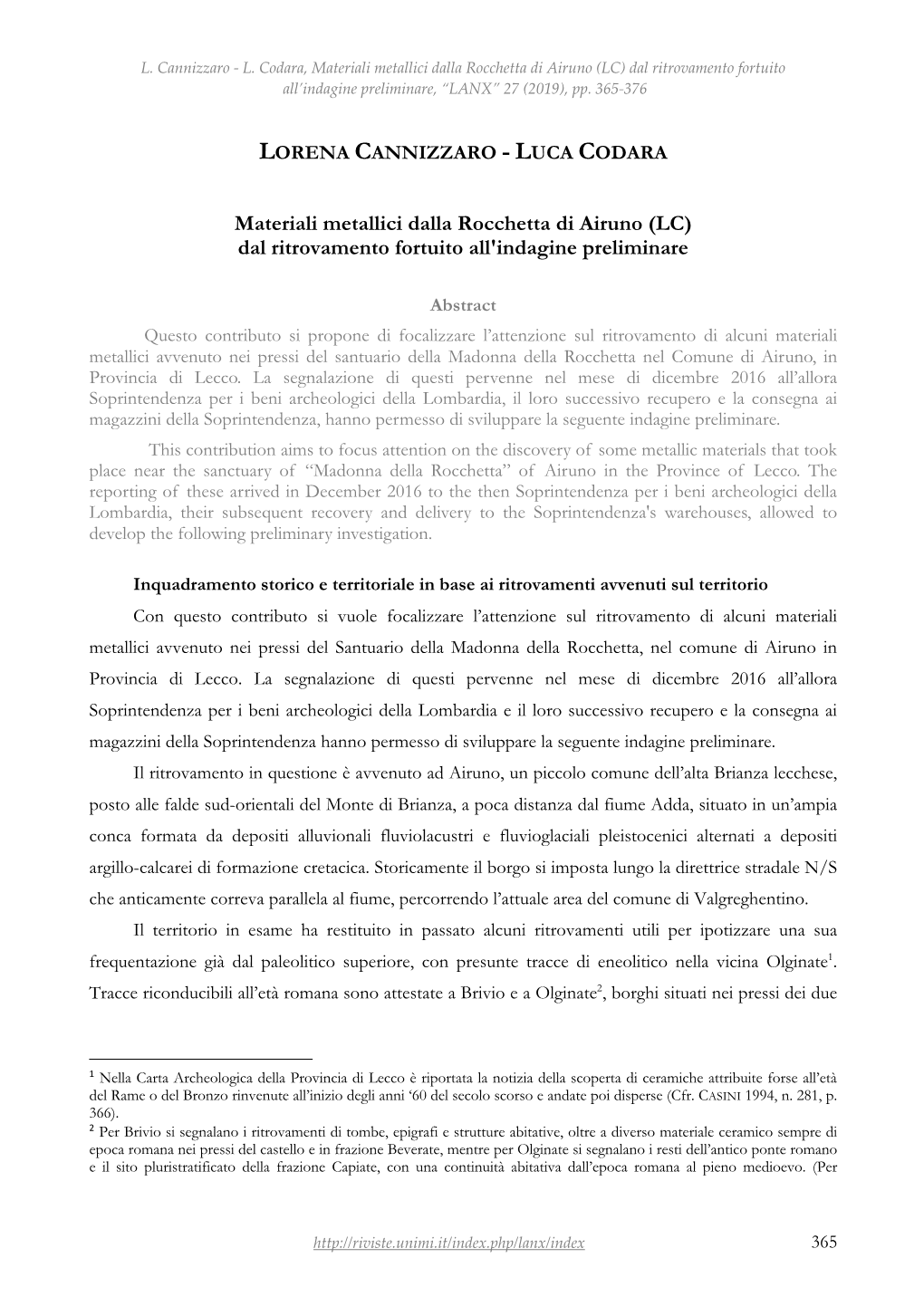 Materiali Metallici Dalla Rocchetta Di Airuno (LC) Dal Ritrovamento Fortuito All’Indagine Preliminare, “LANX” 27 (2019), Pp