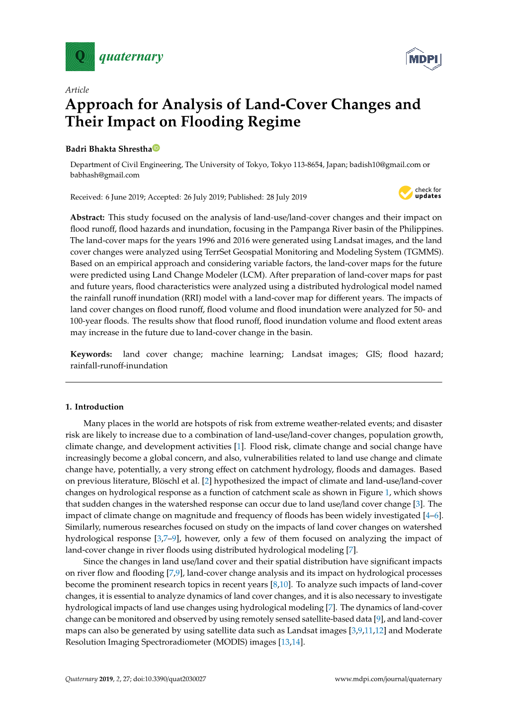 Approach for Analysis of Land-Cover Changes and Their Impact on Flooding Regime