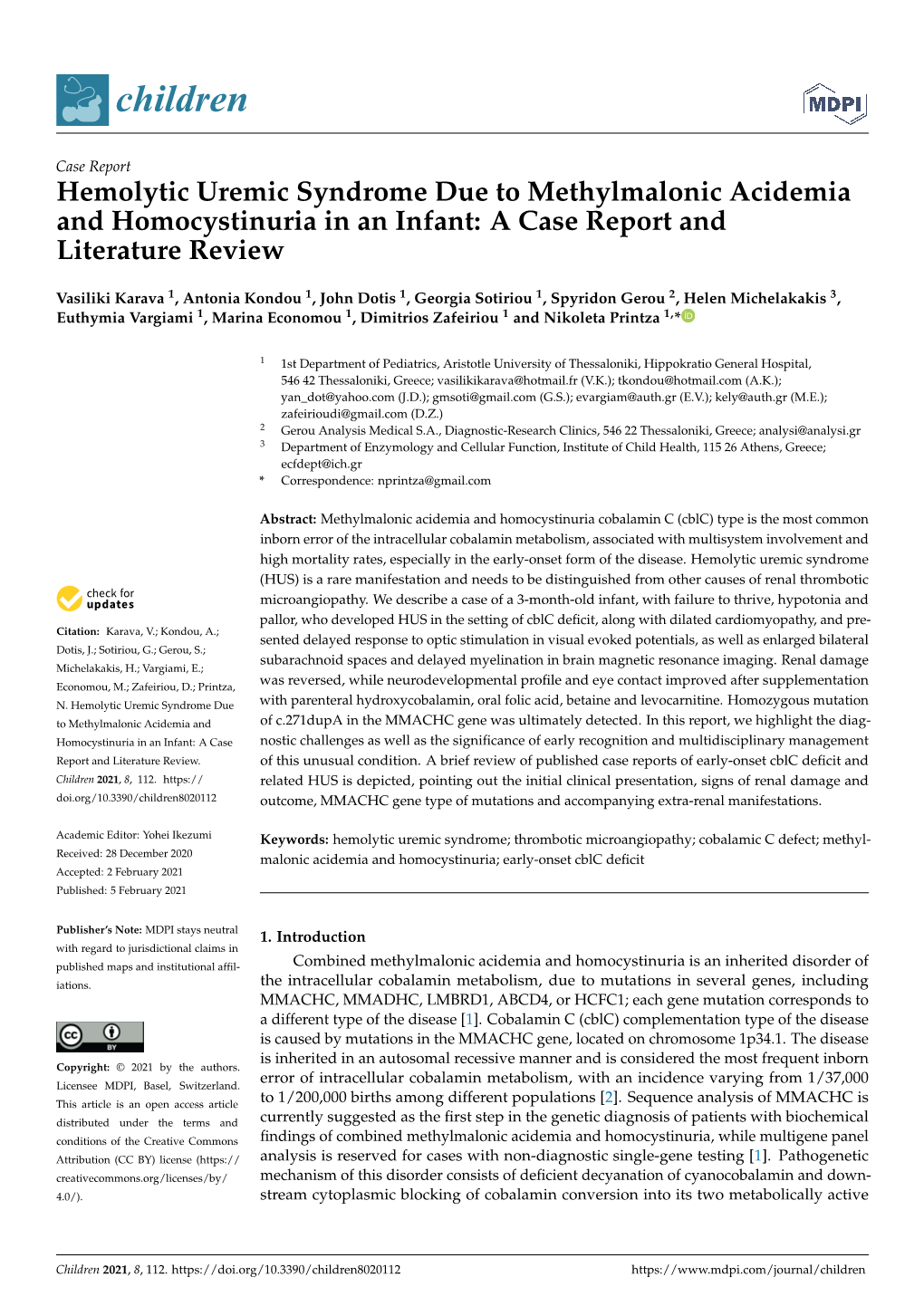 Hemolytic Uremic Syndrome Due to Methylmalonic Acidemia and Homocystinuria in an Infant: a Case Report and Literature Review