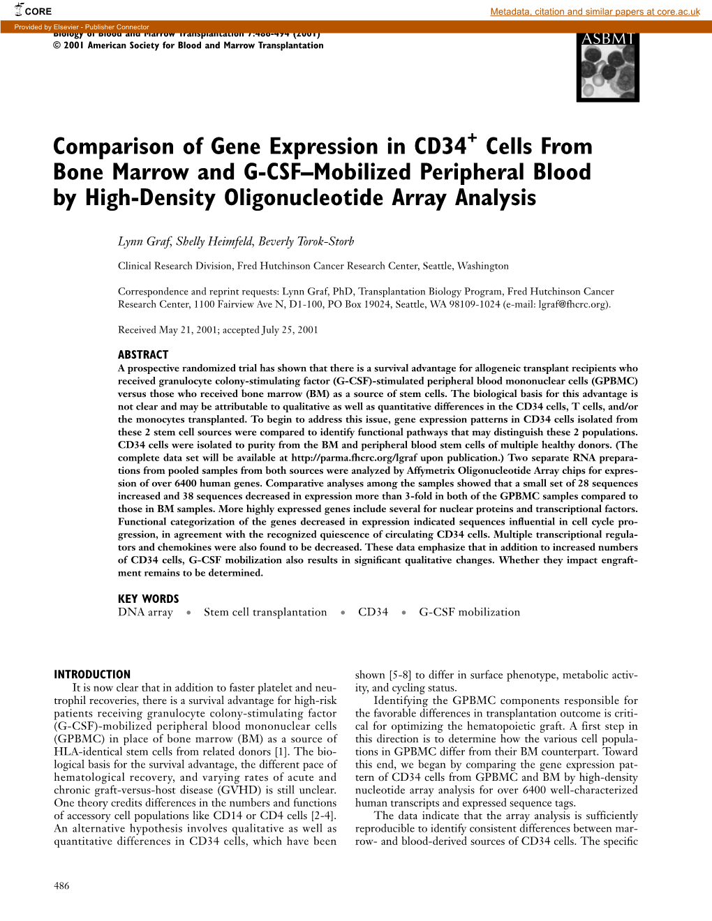 Comparison of Gene Expression in CD34 Cells from Bone Marrow And