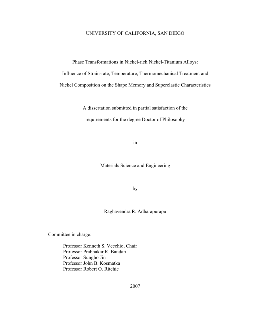 UNIVERSITY of CALIFORNIA, SAN DIEGO Phase Transformations In