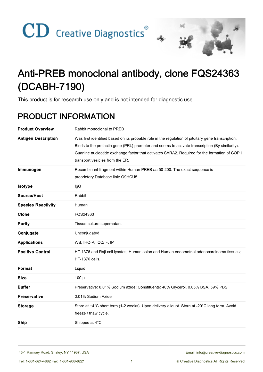 Anti-PREB Monoclonal Antibody, Clone FQS24363 (DCABH-7190) This Product Is for Research Use Only and Is Not Intended for Diagnostic Use