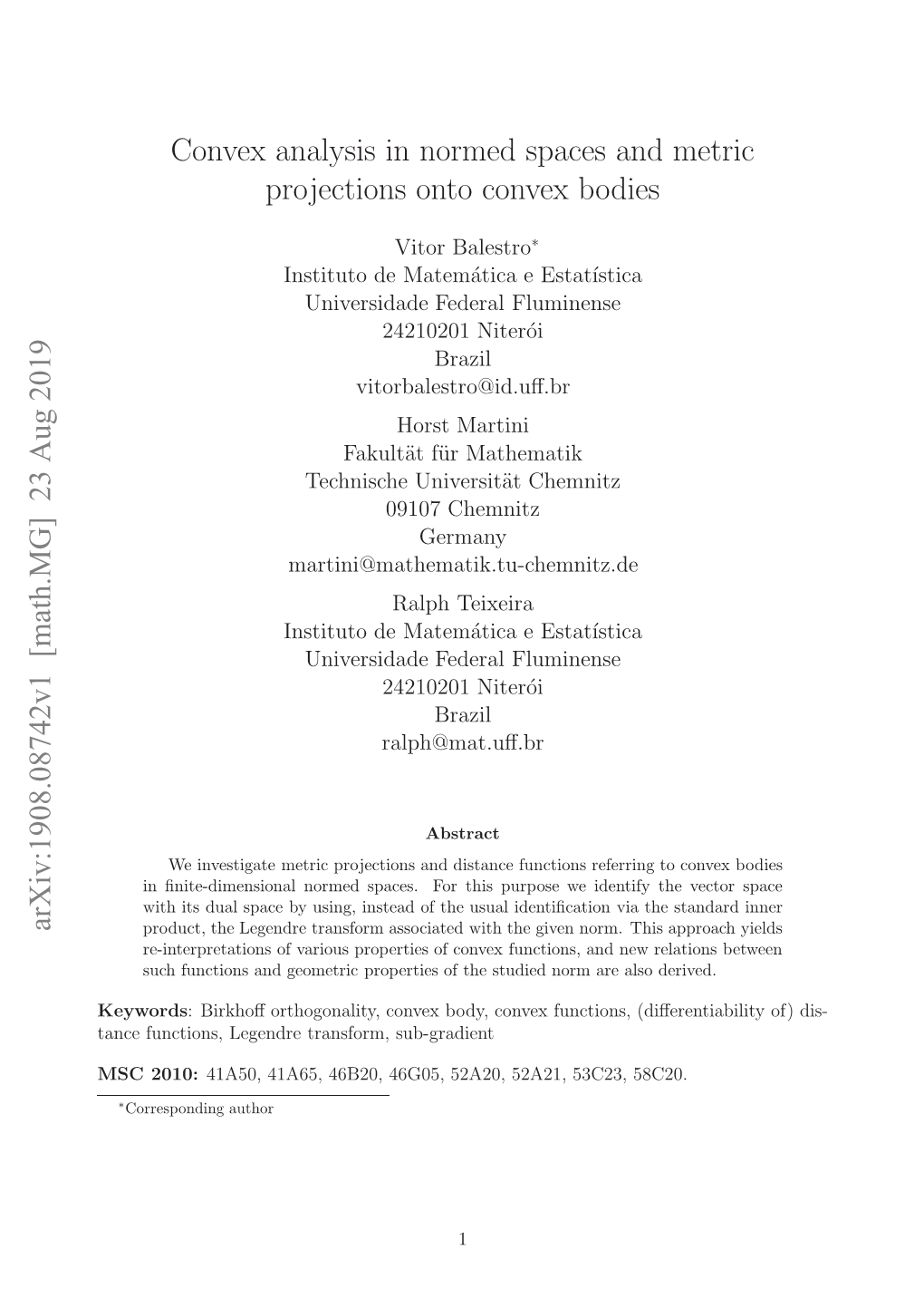 Convex Analysis in Normed Spaces and Metric Projections Onto