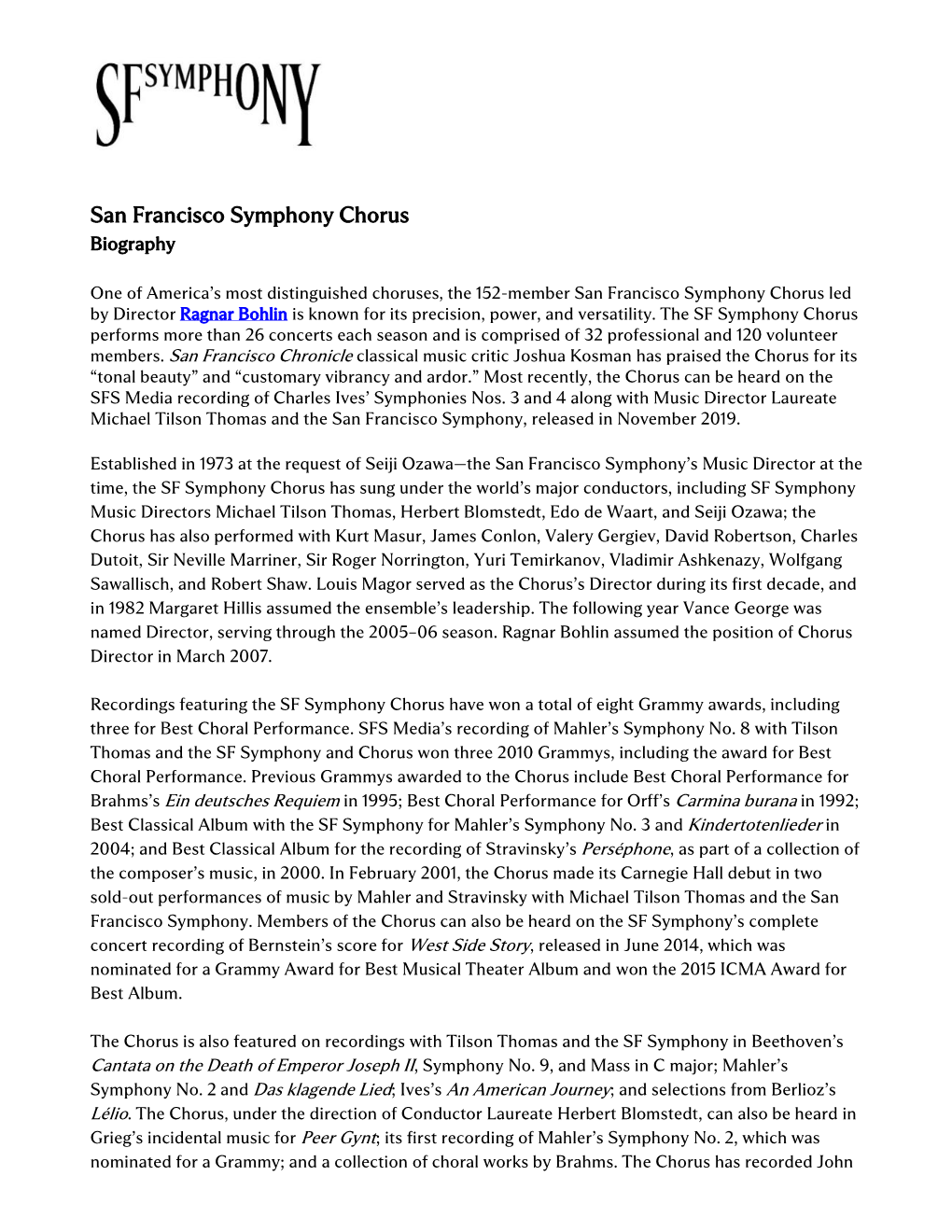 San Francisco Symphony Chorus Biography