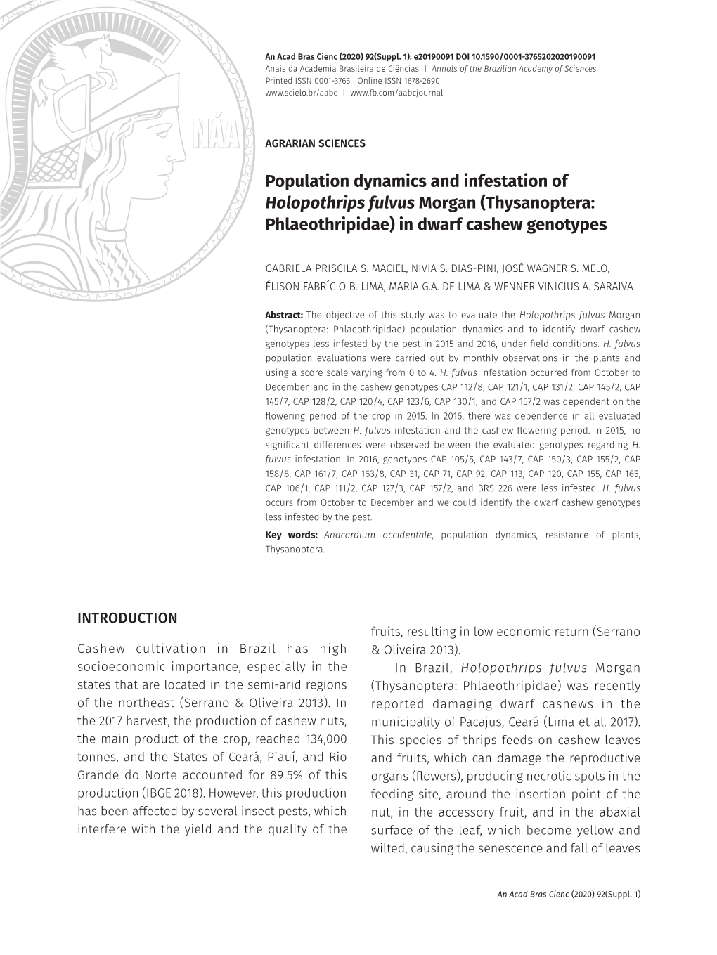 (Thysanoptera: Phlaeothripidae) in Dwarf Cashew Genotypes