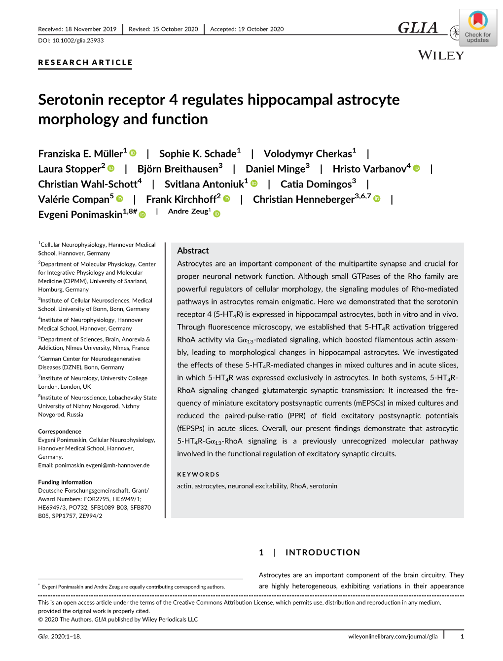 Serotonin Receptor 4 Regulates Hippocampal Astrocyte Morphology and Function