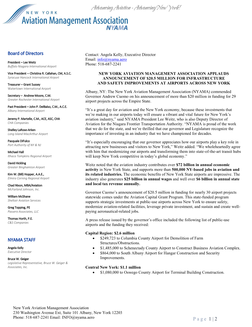 NEW YORK AVIATION MANAGEMENT ASSOCIATION APPLAUDS Syracuse Hancock International Airport ANNOUNCEMENT of $20.5 MILLION for INFRASTRUCTURE