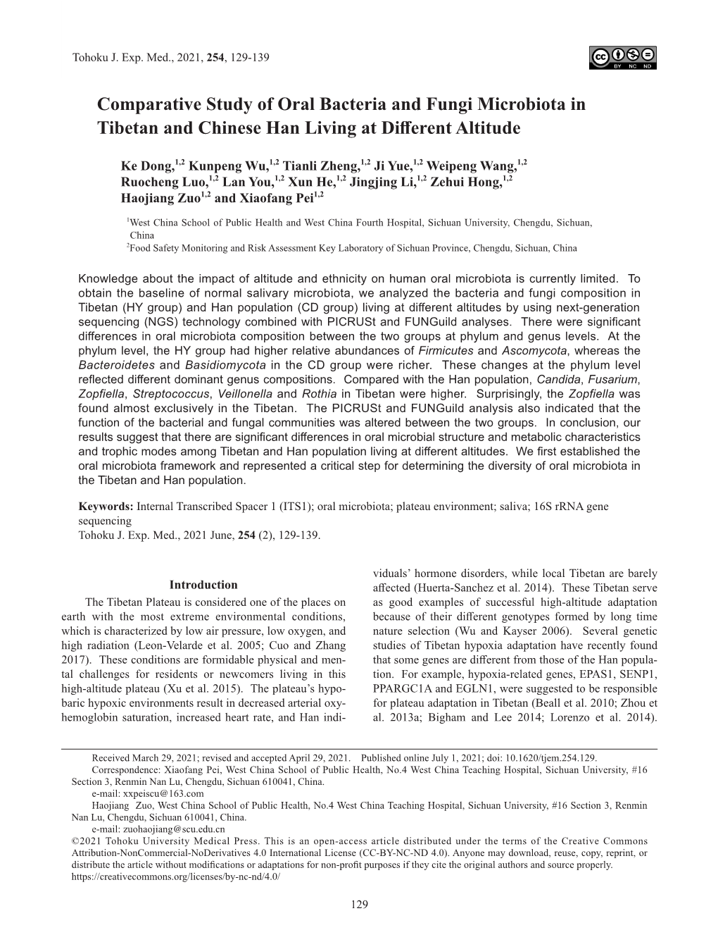 Comparative Study of Oral Bacteria and Fungi Microbiota in Tibetan and Chinese Han Living at Different Altitude