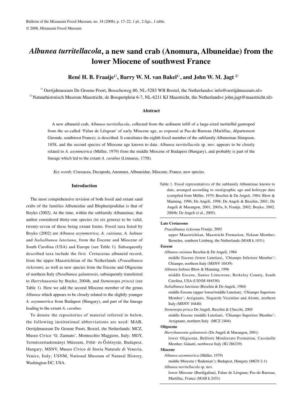 Albunea Turritellacola, a New Sand Crab (Anomura, Albuneidae) from the Lower Miocene of Southwest France