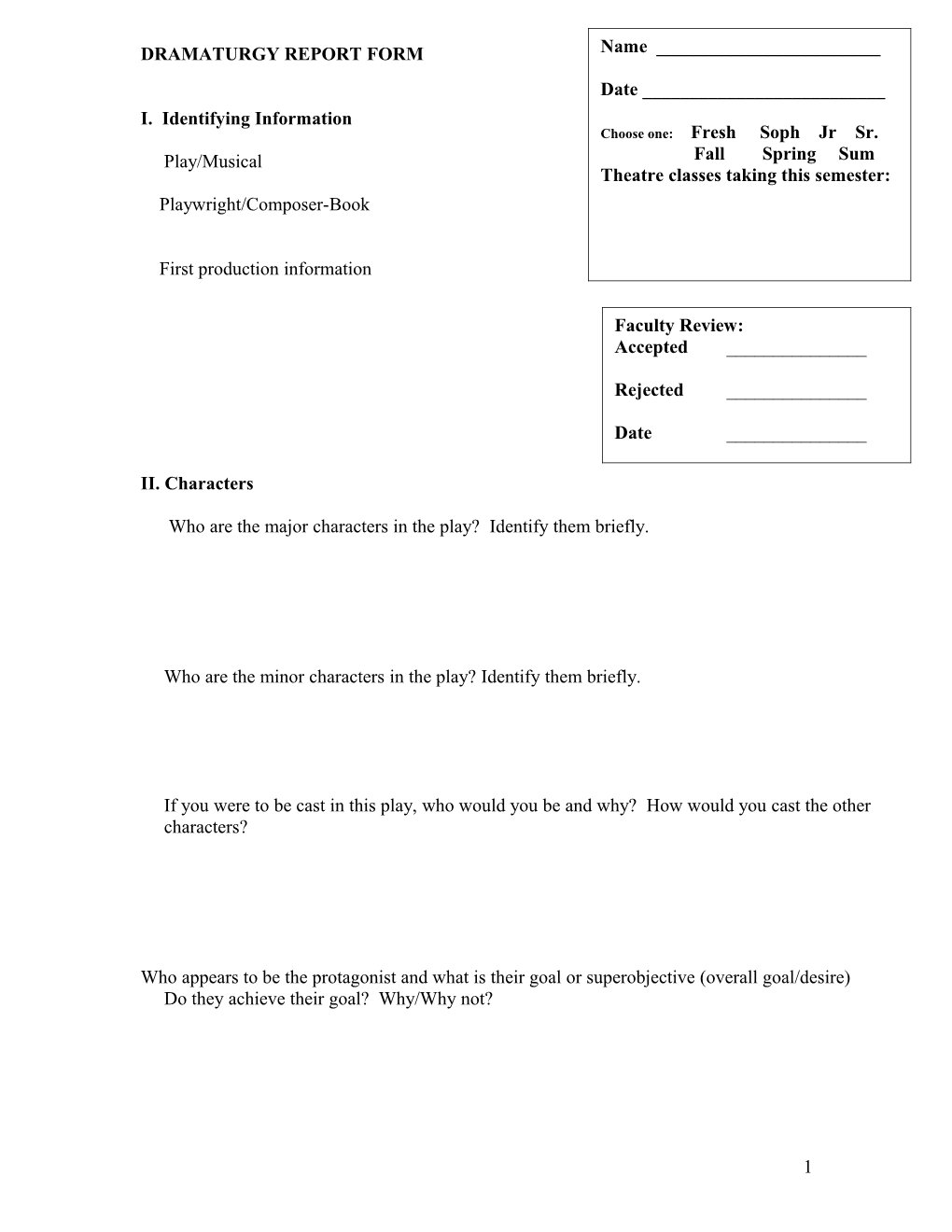 Play Report Form for William Inge Play