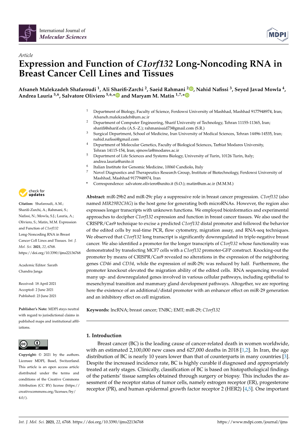 Expression and Function of C1orf132 Long-Noncoding RNA in Breast Cancer Cell Lines and Tissues