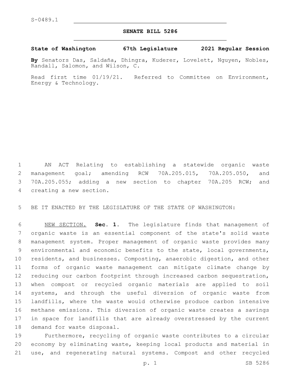 AN ACT Relating to Establishing a Statewide Organic Waste 1