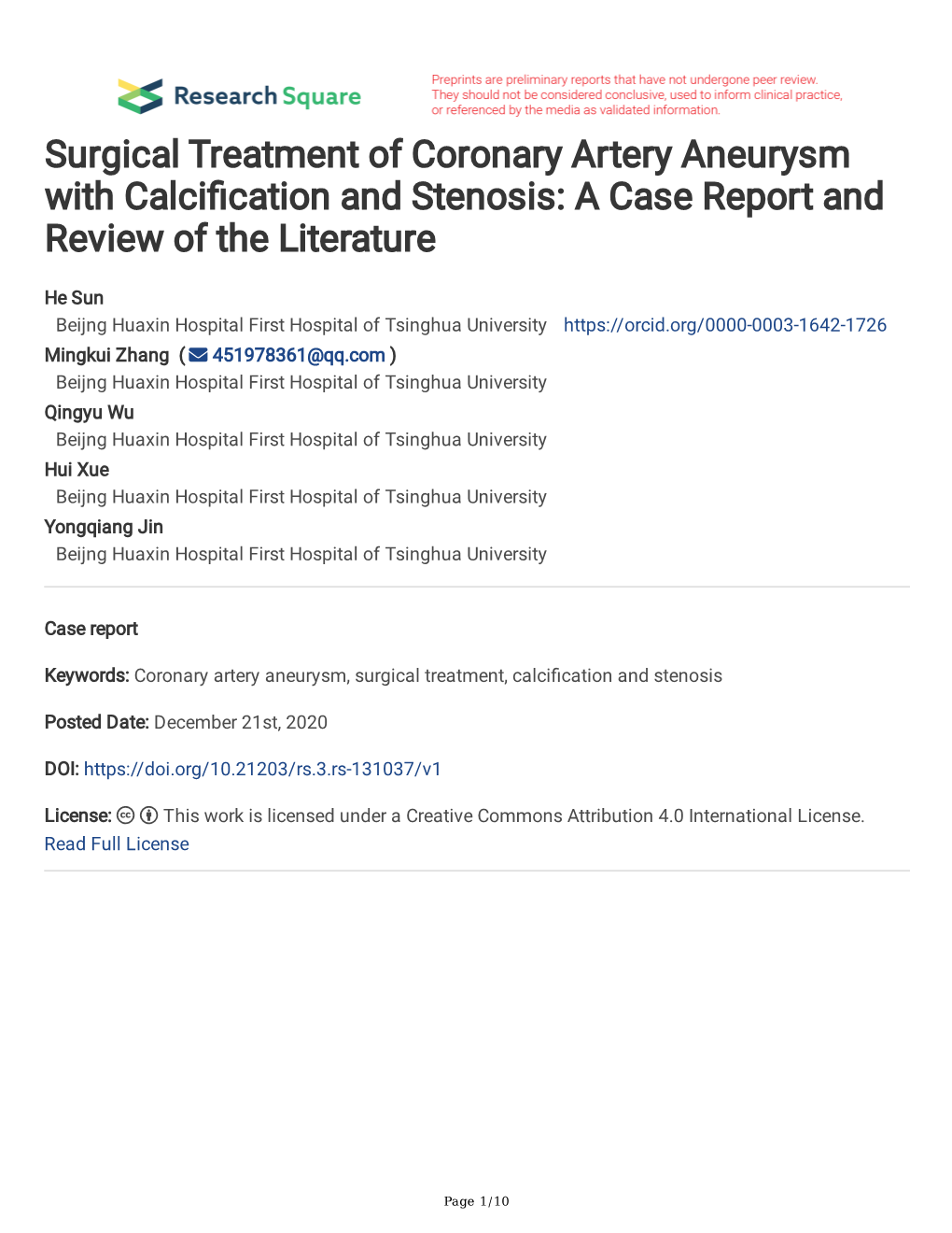 Surgical Treatment of Coronary Artery Aneurysm with Calci Cation And