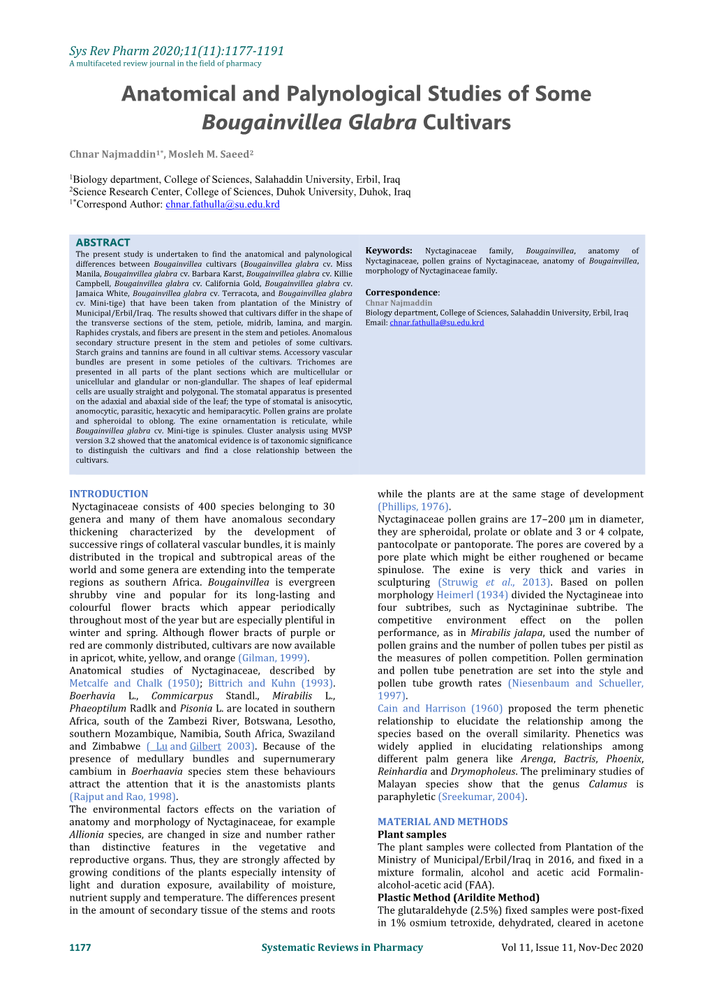 Anatomical and Palynological Studies of Some Bougainvillea Glabra Cultivars