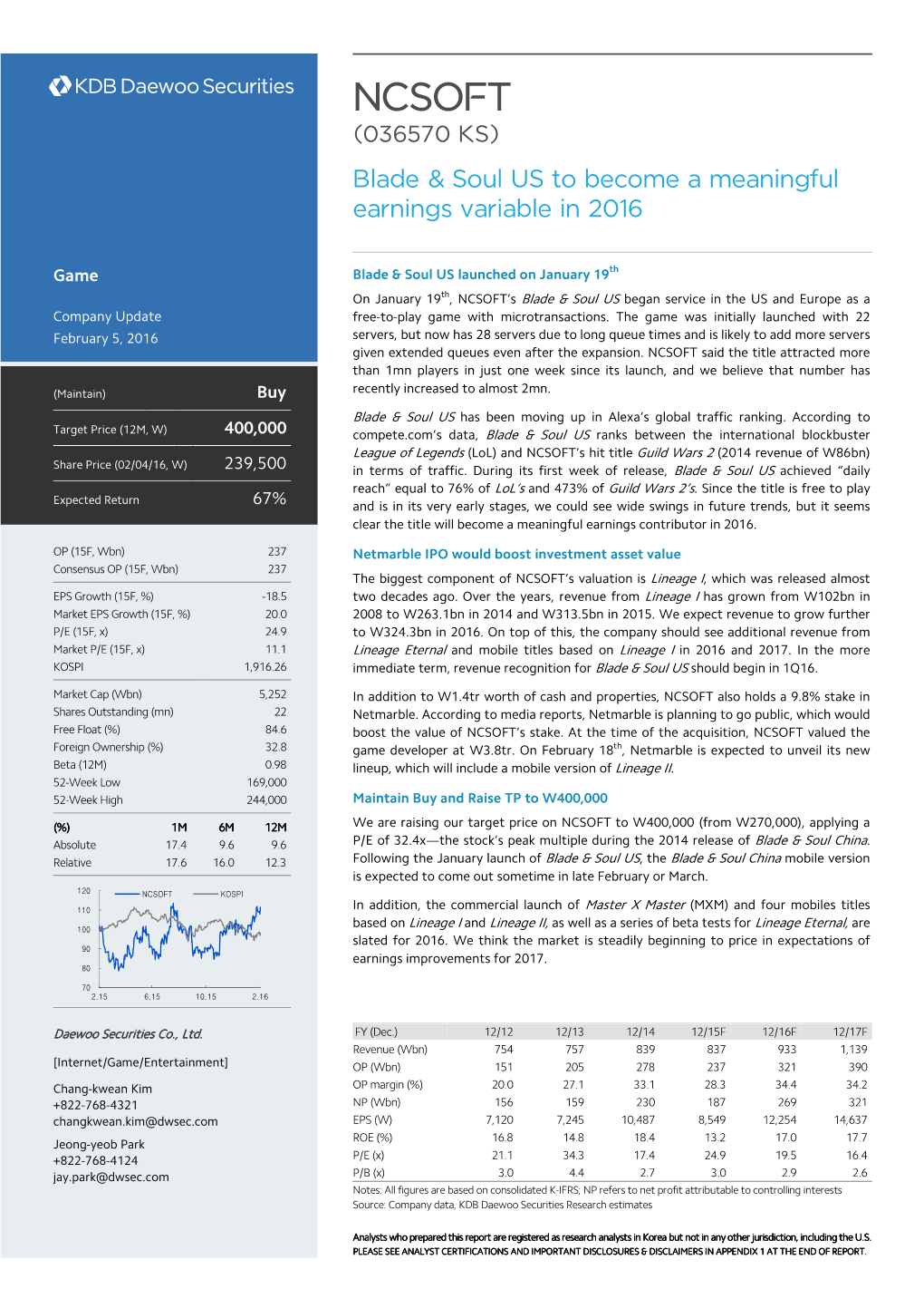 NCSOFT (036570 KS) Blade & Soul US to Become a Meaningful Earnings Variable in 2016