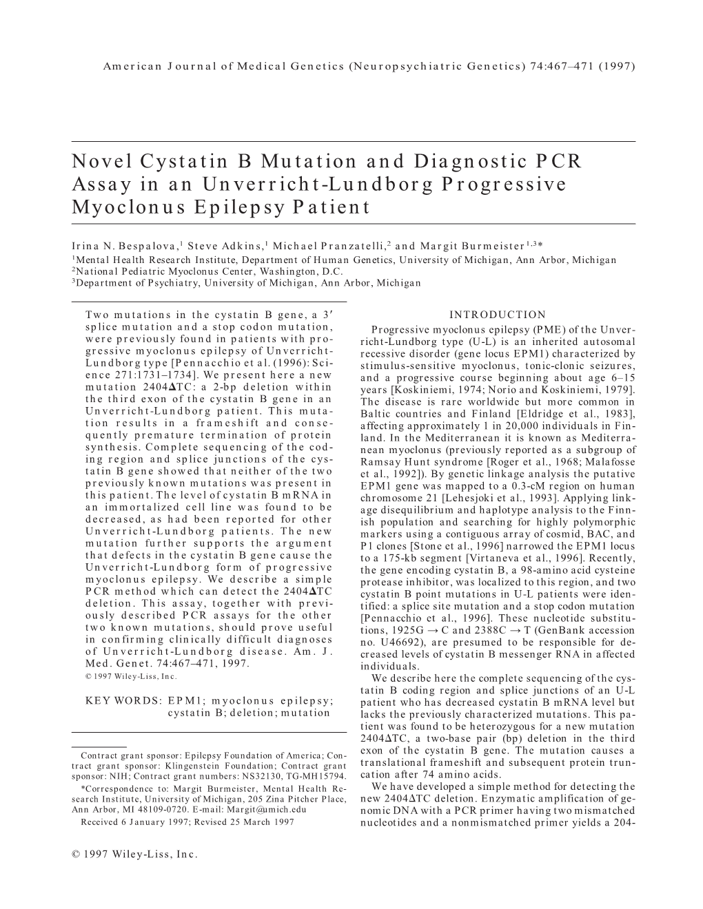 Novel Cystatin B Mutation and Diagnostic PCR Assay in an Unverricht-Lundborg Progressive Myoclonus Epilepsy Patient