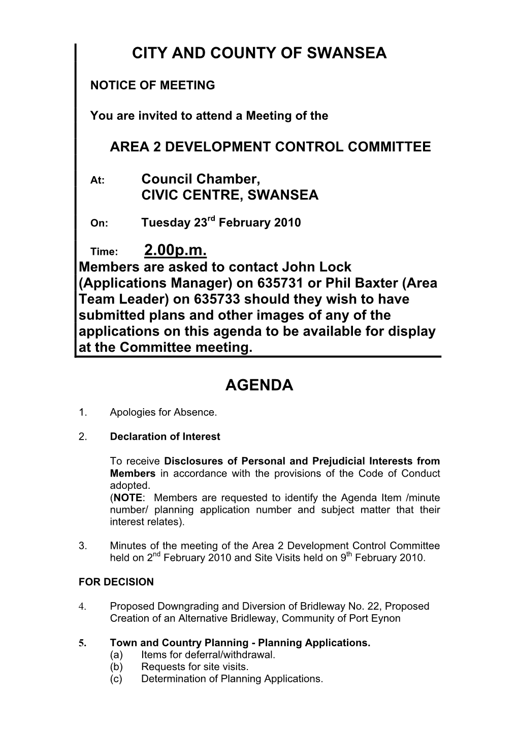 CITY and COUNTY of SWANSEA 2.00P.M. AGENDA